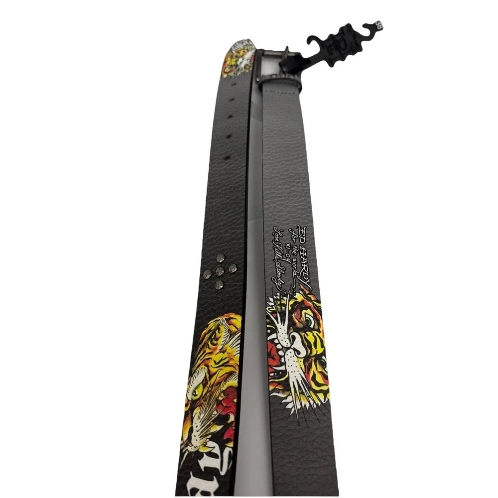 Ed Hardy Graphic Tiger Tattoo Style Design Gray Belt VB97510EHQA Size 38 NWT.